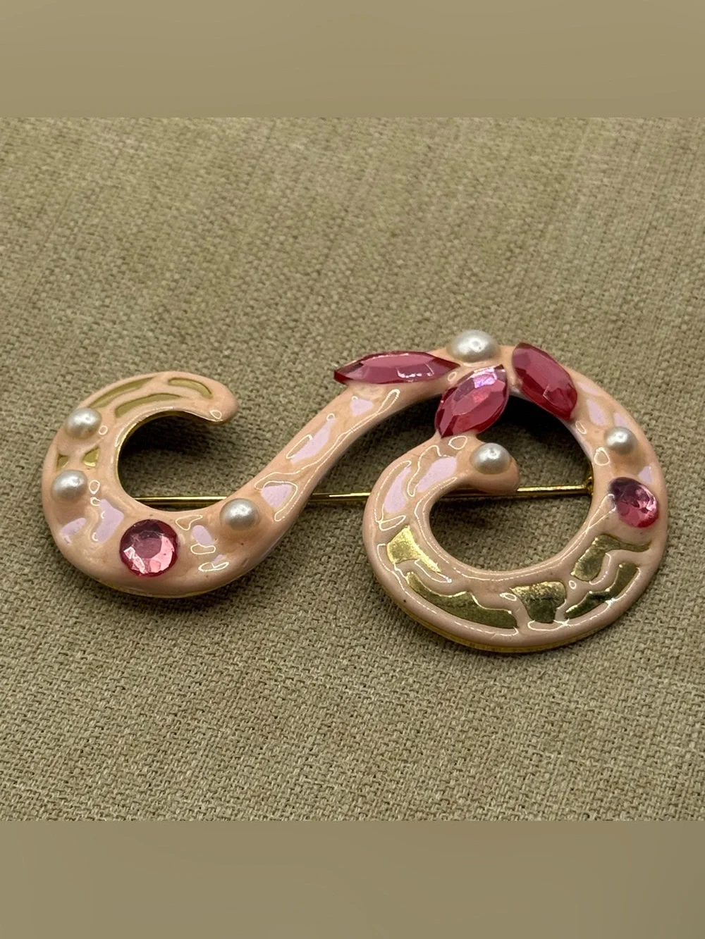 Vintage La Rage  Pink Enamel Swirl Brooch with Pink Crystal Accents